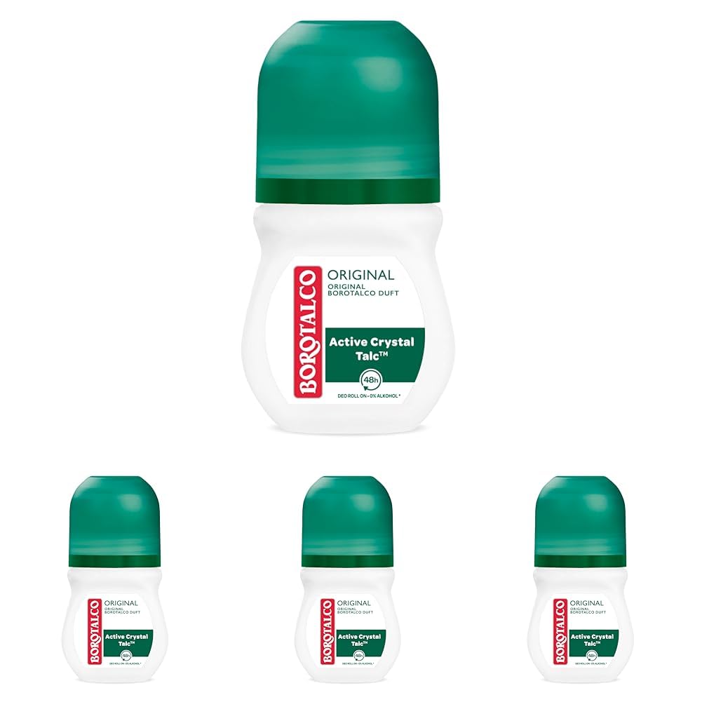 Borotalco Deo Roll-On Original 50 ml - Formel mit Active Crystal Talc für dreifachen Schutz gegen Schweiß - 0% Alkohol (Packung mit 4)