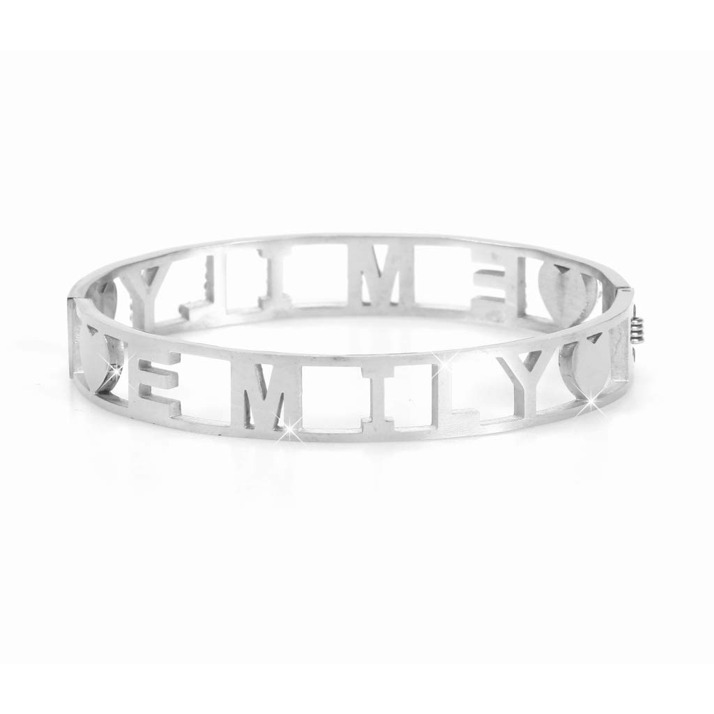 Flowers Bracciale Rigido Acciaio con Nome Vari e Zirconcini Sacchettino in Tessuto Scritta Nome ricoperta di Strass Brillantissimi Bracciale a Manetta Donna Chiusura a Molla Idea Regalo