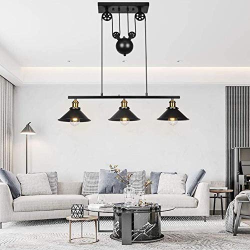 Lfoute Suspension Industrielle Vintage Lustre De Billard E27 Suspension En Métal Noir Poulie Montée Et Chute Suspension Rétro Plafonnier Pour Salle À...