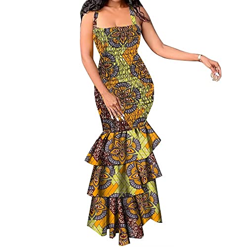 XIAOHUAGUA Women African Print Dress Halter Sleeveless Bodycon Smocked Dresses Dashiki Sexy Long Mermaid Wedding Dress