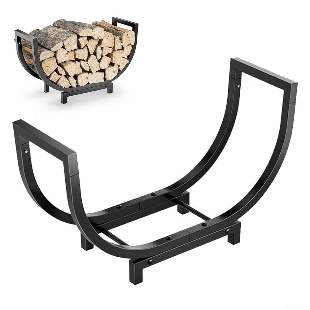 Estante de almacenamiento de leña de 24 pulgadas, soporte de troncos para interiores y exteriores, marco de hierro forjado resistente al calor con asas arqueadas, soporte de madera para chimenea para