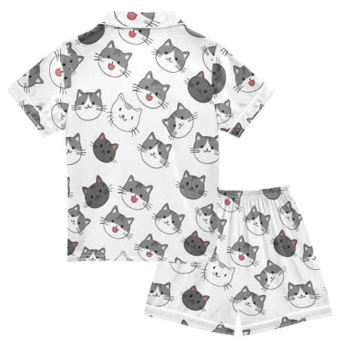 ALAZA Gray Cat Kitten Animal White Satin Pajamas Set Short Sleeve Button Down Sleepwear Summer Pjs 2 Piece2