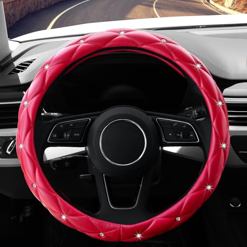 Image of YOGURTCK Cute Diamond Soft Leather Anti-Slip Steering Wheel Cover with Bling Bling Crystal Rhinestones, Universal 15 Inch for Women Girls, Fit Vehicles, Sedans, SUVs, Vans, Trucks - Red