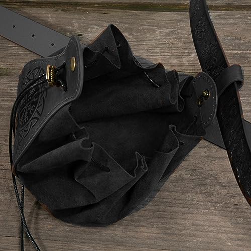 Image of Leather Belt Pouch Medieval Vintage Renaissance Viking LARP Cosplay Costumes Drawstring Coin Purse Phone Holder Waist Bag (Dragon-Black)