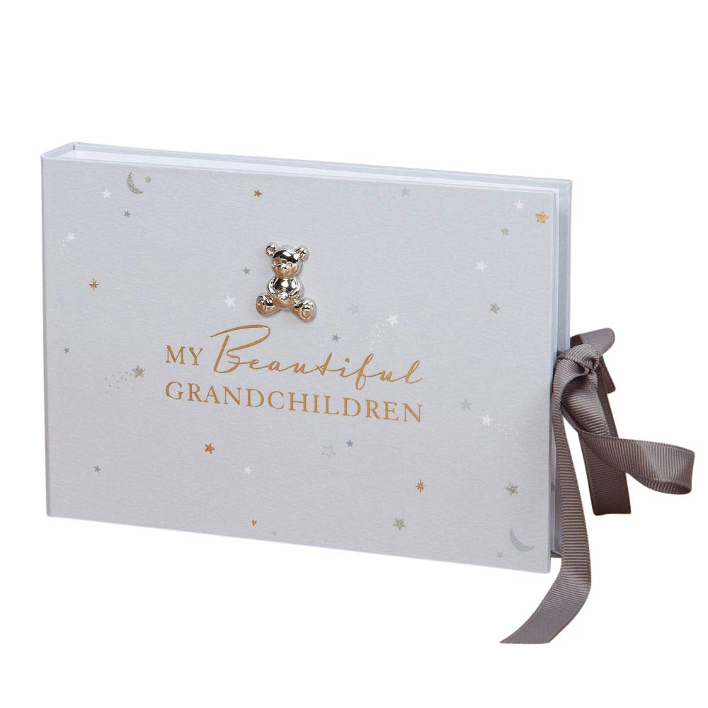 Happy Homewares My Beautiful Grandchildren Brag Book with Grey Ribbon and Silver & Gold Stars