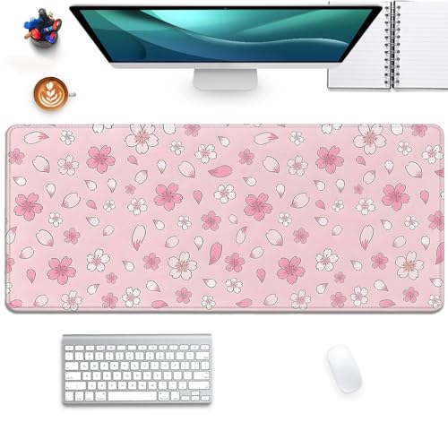 Image of Japanese Cherry Blossoms Extended Desk Pad Mouse Pad,Large Gaming Floral Mouse Mat with Stitched Edges,Non-Slip Rubber Base Mousepad for Office Computer Keyboard Laptop Home(27.5X11.8 in)