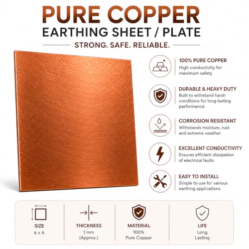 Image of Pure Copper Earthing Plate 6x6 Inch | Premium Copper Earth Sheet for Home Earthing 1kW Systems | EV Charger Grounding Plate, Electrical Earthing Copper Sheet | Corrosion Resistant Ground Plate