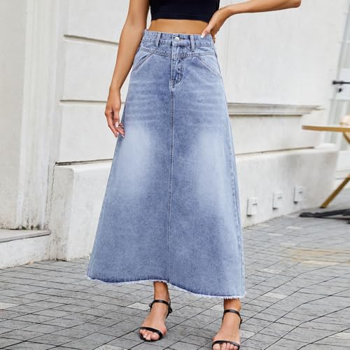 Women's Vintage Denim Maxi Skirt Casual High Waist A-Line Frayed Hem Trendy Fashion Long Jean Skirt with Pockets2