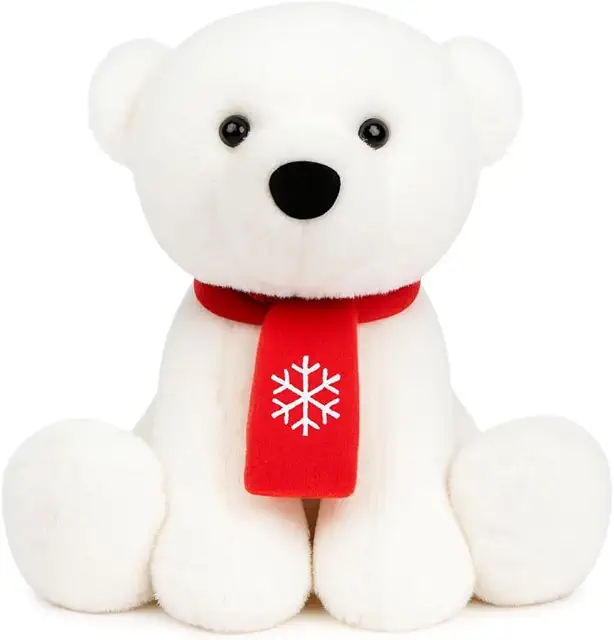Quickdraw Christmas Polar Bear Plush Toy - 15cm Soft White Teddy with Red Scarf