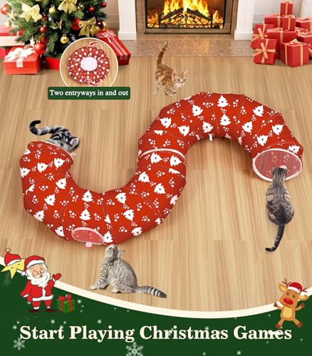 Image of Pawaboo Cat Tunnel Bed Under Christmas Tree, 35.4'' Christmas Cat Toy Circle Tunnel with Ball,Cats Tunnels Christmass Trees Skirt Decorative Festive Foldable Kitty Tube Tunnels for Cats(Red Xmas Tree)