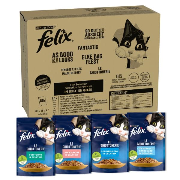 FELIX Le Ghiottonerie Alimento Umido per Gatti Selezioni con Pesce Maxi Confezione, 80 Bustine Facili da Servire, Teneri Bocconcini in Gelatina, 4 Gusti Deliziosi, Nutrizione Completa