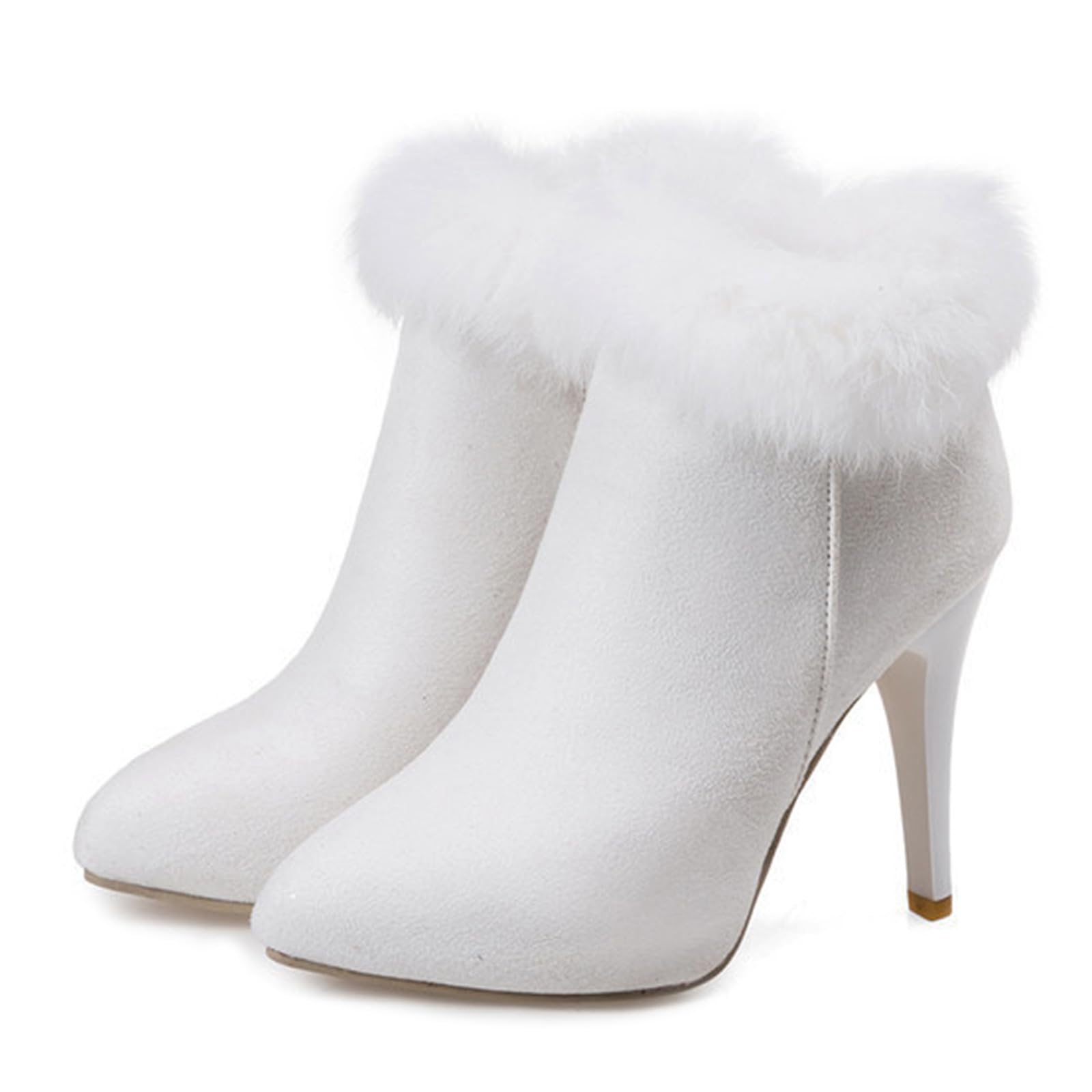 Womens Suede Pointed Toe Furry Stiletto Ankle Boots with Side Zipper Warm Fur Lined Winter High Heel Dress