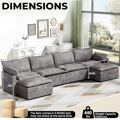 Image of LEVELEVE 147 inch U-Shape Modular Sofa with 2 Ottomans, Deep Seat Cloud Convertible Sleeper, 2 Arm Pillows, Cozy Large Upholstered Furniture for Living Room Apartment, Dark Grey