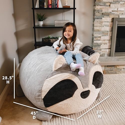Image of Big Joe Wild Things Foam Filled Animal Bean Bag Chair with Removable Cover, Rocky Raccoon Snugglepuff, Soft Faux Fur, 4 feet Big