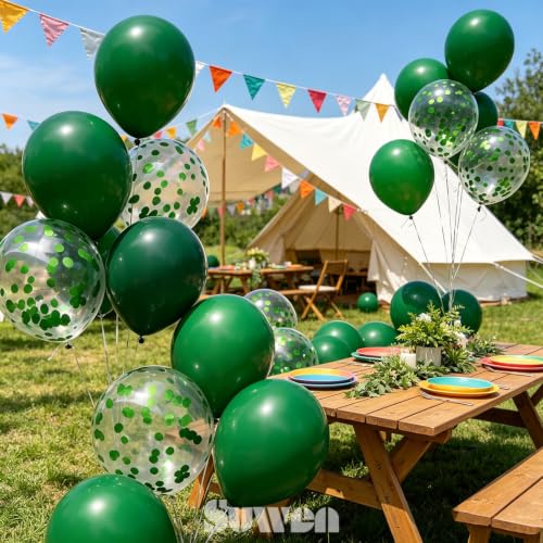 Image of SUWEN 47PCS Dark Green Latex and Confetti Hunter Emerald Forest Balloon Set | Hunter Emerald Forest Green Helium Matte Balloon for Birthday Anniversary Christmas Jungle Safari Party Decorations