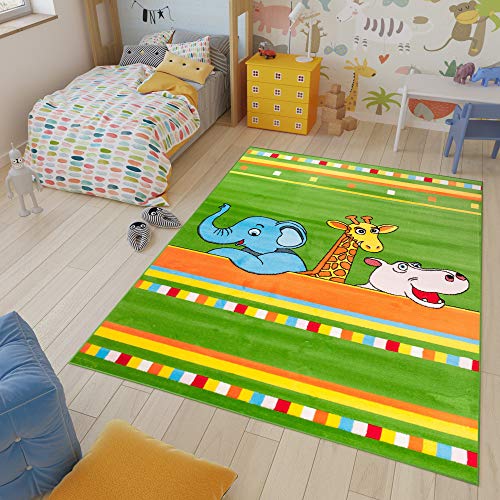 TAPISO Kinder Teppich Kurzflor Kinderteppich Weich Zoo Tiere Streifen Muster Grün Bunt Designer...
