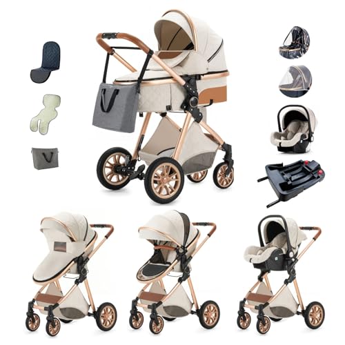 Kakbgee Carrito de Bebé 3 en 1, Cochecito Bebe Con Asiento De Auto y Base Isofix, Carrito Portátil Plegable Con Un Clic, Carricoche Combinado Paisaje Alto Marco de Aluminio Para Recién Nacido(15KG)