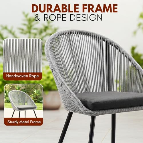Image of DEVOKO 3-Piece Outdoor Patio Bistro Set with Handwoven All Weather Rope Chairs & Glass Top Coffee Table for Garden, Pool, Balcony, Lawn (Grey & Dark Grey)