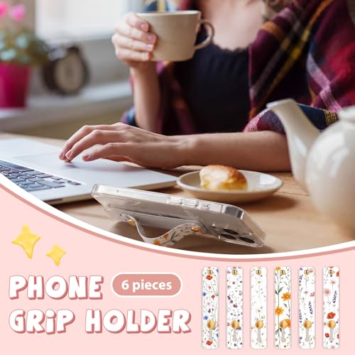 Image of Weewooday 6 Pieces Phone Grip Holder Cell Phone Grip Strap Telescopic Finger Strap Stand Universal Finger Kickstand for Most Smartphones(Soft Color,Floral)
