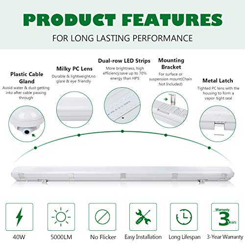 Brillihood LED Vapor Tight 4FT Light Fixture, 40W, 5000LM, IP65 Waterproof Shop Light, 6000K Bright White, Milky Lens, Outdoor Vapor Proof Lighting, 1-Pack