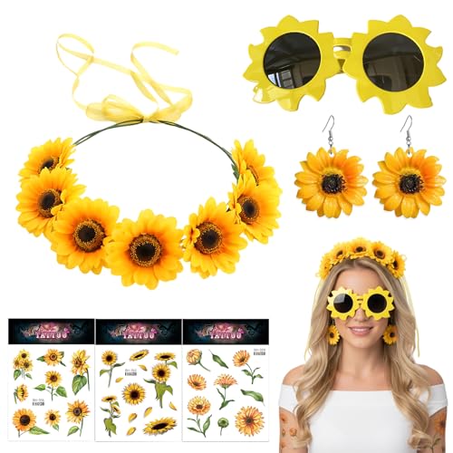 ZYLOUY 6-teiliges Set mit Brille Stirnband Ohrringen und 3 Stück Tattoos Sonnenblume Kostüm Karnevalskostüme Damen Faschingskostüme Damen