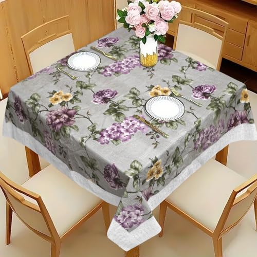 Image of Dakshya Industries PVC Waterproof Square Table Cover 48x48 Inch for 4 Seater Dining Table | Floral Printed Oilproof Stain Resistant Washable Plastic Table Cover, Grey & Purple