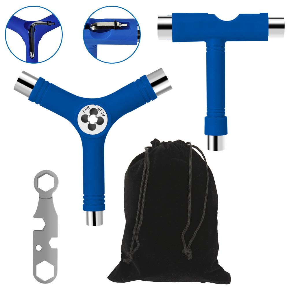 Blue All-in-One Skateboard Tool,Sonku Multifunctional Portable Skateboard T-Tool and Y-Tool Accessory with Screwdriver Wrench Storage in A Bag