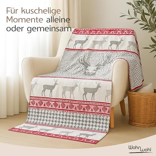 WOHNWOHL® Kuscheldecke (150x200cm) • Weiche Tagesdecke • Sofadecke • Wohndecke • Schlafdecke • Oeko-Tex zertifizierte Baumwolldecke • Samtig weiche Decke • Decke mit Hirschen