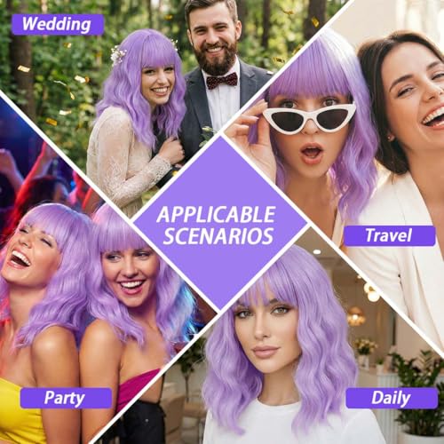Image of Pastel Purple Wavy Bob Wig for Women, Short Shoulder Length Synthetic Wig with Bangs, Natural Looking Lightweight Hairpiece for Daily Wear & Cosplay Costume Party