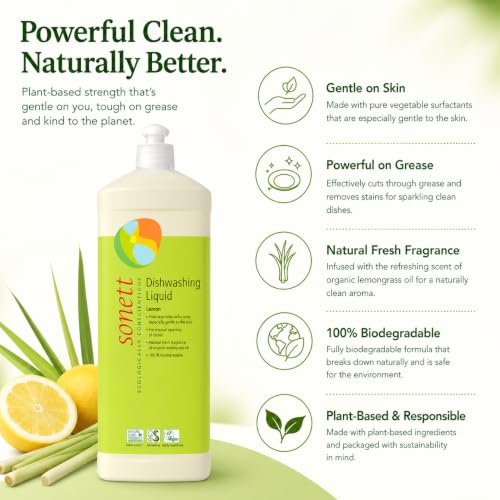 Image of Sonett Organic Dishwashing Liquid Lemon, Biodegradable, 34oz, Pack of 6