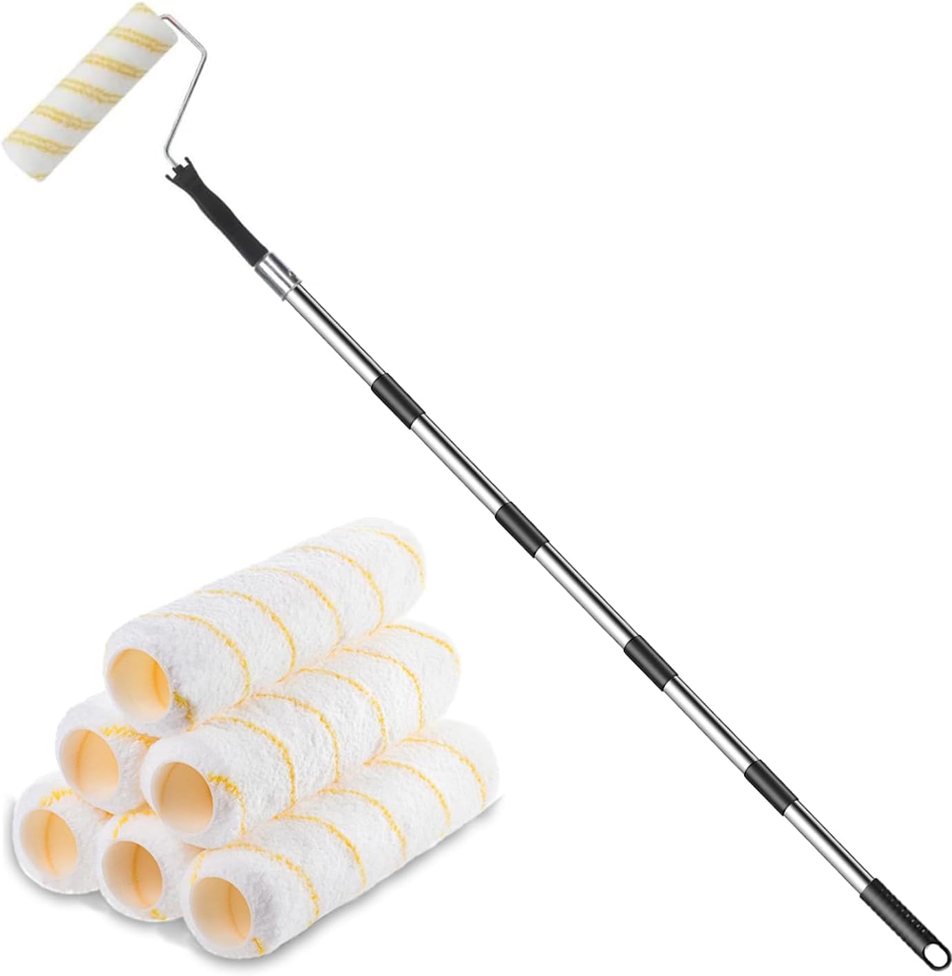 Paint Roller with 6 Replacement Covers, Extendable & Detachable Thickened Pole, Long Reach Wall & Ceiling Painting Roller, Heavy Duty Household Painting Tool for Walls, Ceilings & Murals