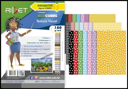 Ridet - Bloco Criativo Textura, A4 + 32cm X 23cm, 7 Cores e 3 Estampas. 180 gramas, 36 Folhas, Novaprint