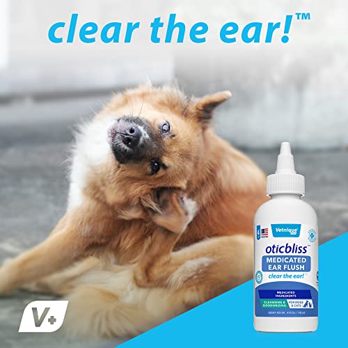 Vetnique Labs Oticbliss Ear Cleaner Wipes/Flushes For Dogs & Cats With Odor Control And Itch Relief Reduces Head Shaking - Clear The Ear (Ear Cleaning Flush, Medicated 4Oz) #TOP4