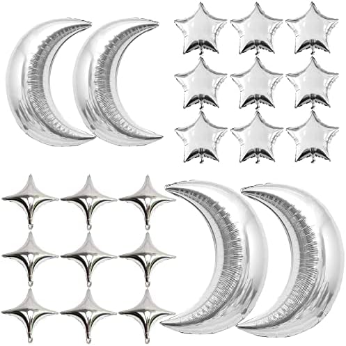 54Pcs Star Foil Balloons Moon Foil Mylar Balloons with 50Pcs Silver Star Balloons and 4Pcs Large Moon Foil Balloons for Baby Shower Christmas Anniversary Engagement Wedding Birthday Party Decoration