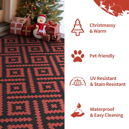 Image of GENIMO Outdoor Rug, Waterproof Plastic Rugs for Patio, 6'x9' Red Grey | Outside Larger Modern Carpet Mat for Porch Decor, Deck, Balcony, Camping, RV, Backyard, Picnic, Beach, Reversible, Foldable