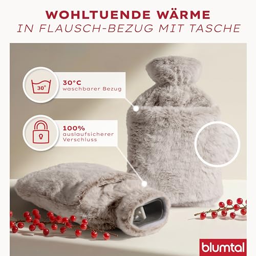 Blumtal Premium Wärmflasche mit Bezug & Tasche flauschig - Wärmeflasche aus verwendungssicherem Naturkautschuk mit Flauschbezug - auslaufsichere Bettflasche mit Innenfutter - Wärmeflasche Braun