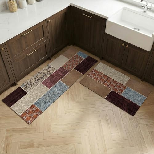 Image of Yellow Weaves- Non-Slip Kitchen Floor Mats, Water Absorbent, Rugs,Standing Rubber Mats for Kitchen, Office, Sink and Laundry Room, Multi Patchwork (Pack of 2)