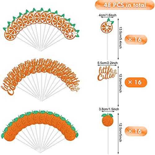 Image of Zonon 48 Pcs Baby Shower Little Cutie Glitter Cupcake Toppers Orange Theme | Tangerine Citrus Cake Pick Bulk, Little Cutie Birthday Party Favors, Baby Shower Decoration for Cupcake, Fruit Party Supply