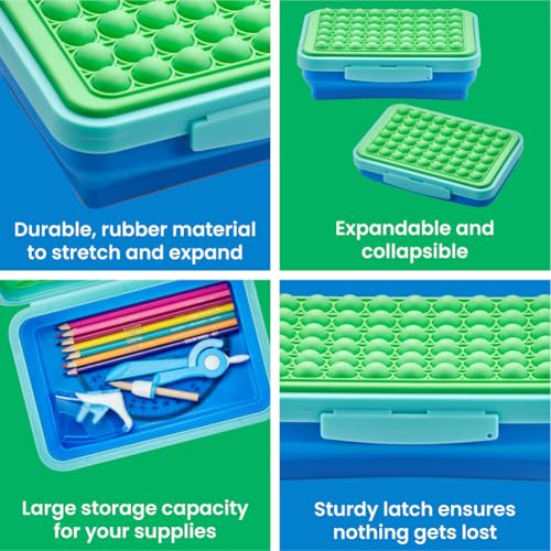 LockerMate by Bostitch Expandable Pencil Box with Pop-It Top Collapsible Pencil Case for Craft and School Supplies, Green/Blue - Image 4