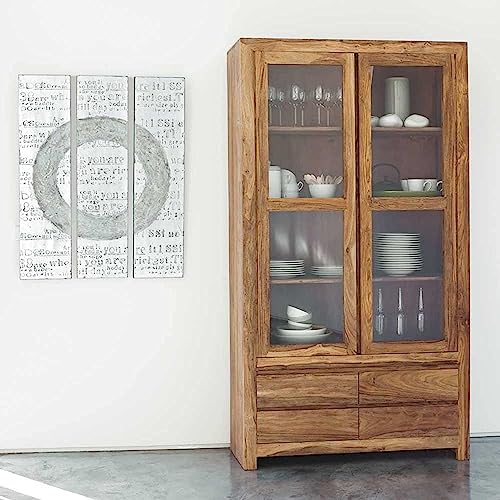 Image of SONA Art & Crafts Wood Multipurpose Kitchen Crockery Cabinet Display Rack with 2 Door and 4 Drawer for Living Room Bedroom Solid Wood Bookcase Wooden Furniture for Home Office (Natural Finish)