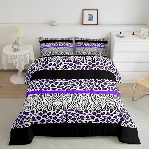 Image of Feelyou Kids Full Size Purple Leopard Comforter Set Zebra Bedding Set Purple Black Comforter for Kids Boys Girls Animal Duvet Insert Adult Bedroom Decor 3Pcs