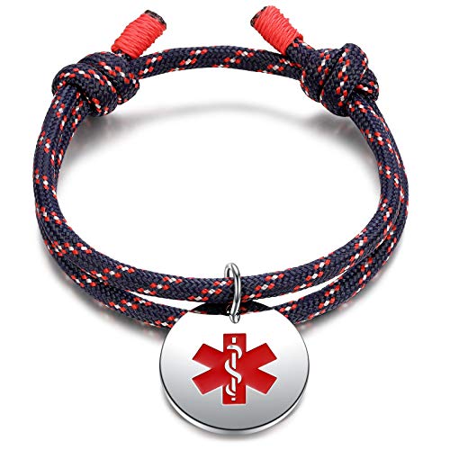 JF.JEWELRY Handmade Braided Medical Alert ID Bracelet for Women & Men Free Custom Engraved Round Medical Pendant Bracelet Sturdy Nylon Rope Medical Alert Bracelet, Purple Adjustable