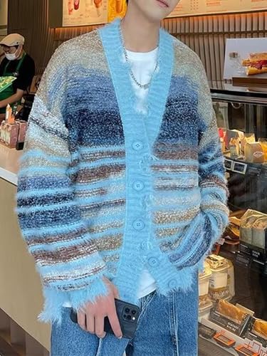 Men's Cardigan Rainbow Striped Knit V-neck Button Muticolor Fashion Placket Knit Sweater Y2K Colorful Top3