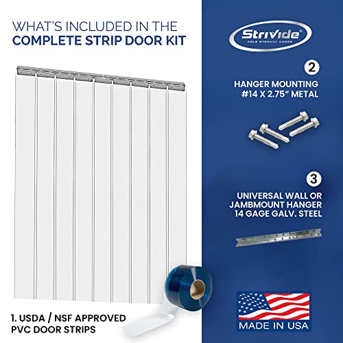 Image of Strip Door Curtain Kit - 48 in.(4 ft) Width X 96 in.(8 ft) Height - Clear Smooth 8 inch Wide x .08 in. Thick PVC Strip 50% Overlap - Complete Plastic Strip Door Kit - Universal Hanger