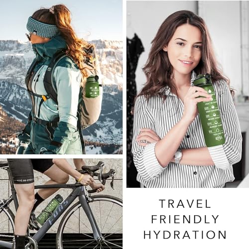 Image of TEKCOOL Motivational 1L Capacity Green Plastic Bottle with Straw | Leakproof, Durable, BPA-Free | Ideal for School /College /Office /Travel, Sports /Outdoor Activities'