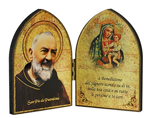 Stampa Oro a Caldo KUSTOM ART Cucuba Dittico Padre Pio e Madonna Stampa Laser Su Legno Con Inserti Oro a Caldo 11x8 cm
