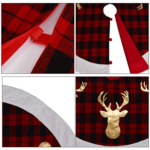 Garvee 48" Christmas Tree Skirt, Red Black Buffalo Plaid Christmas Tree Skirt, Xmas Tree Skirt with Reindeer Pattern for Holiday Party Indoor Decorations