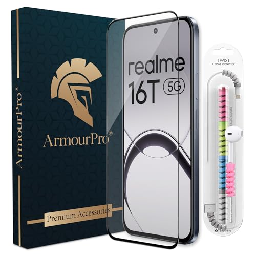 Image of ArmourPro Military-Grade Tempered Glass for Realme 16T - 9H Anti Scratch, Edge-to-Edge Coverage, HD Clarity, Smooth Touch, Case Friendly, Easy Installation Kit with Cable Protector