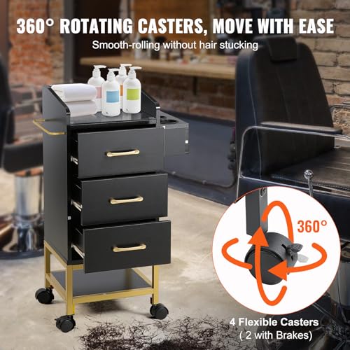 VEVOR Beauty Salon Storage Trolley Cart, Glass Top Hair Salon Station Cabinet for Stylist with Drawer & Dryer Holder, MDF Rolling Hairdressing Salon Cart on 4 Wheels (2 Lockable) for Barber Beauty SPA - Image 7