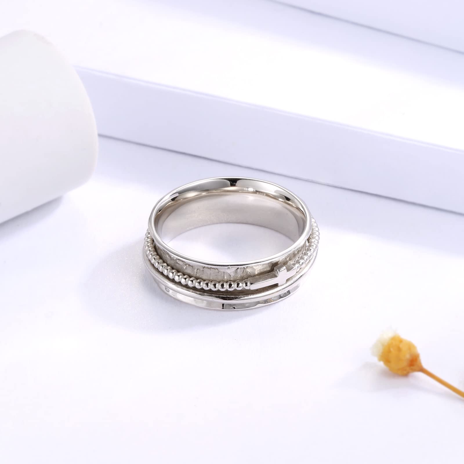 Anillo de cruz para mujer, de plata de ley 925, giratorio, ancho martillado